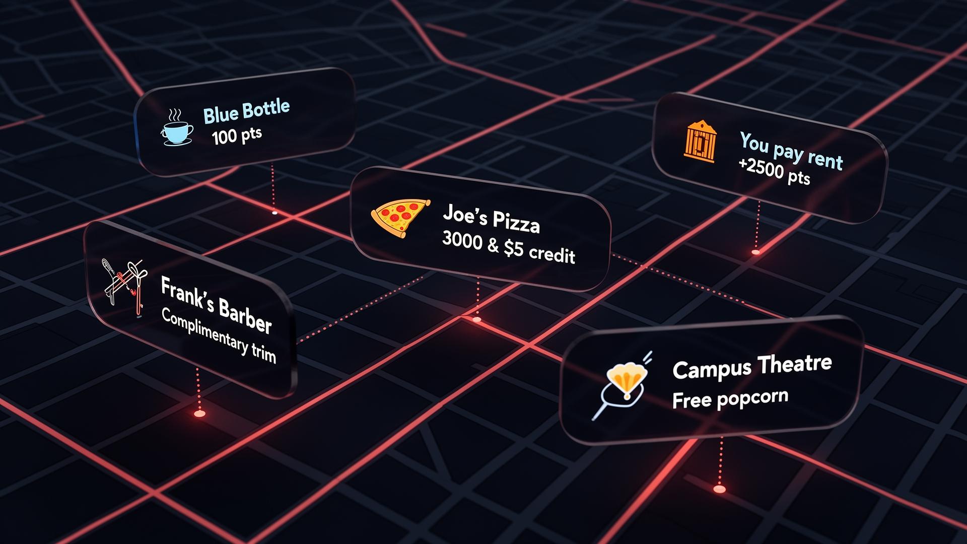 Map of partner businesses around campus with point rewards